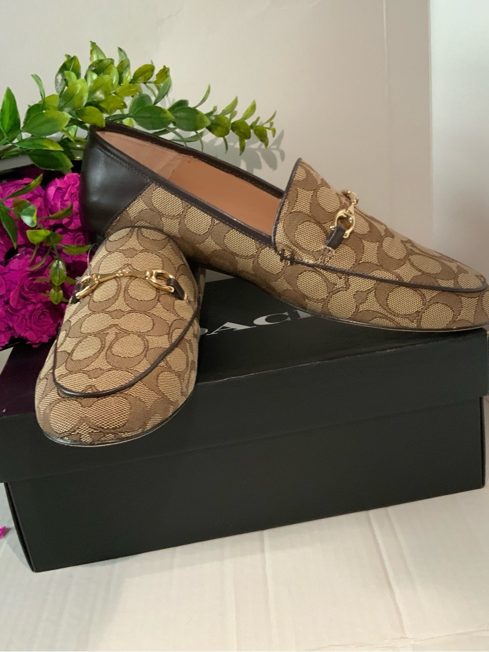 Women COACH Slip-On Loafers Tan Signature Jacquard gold-tone horsebit hardware
